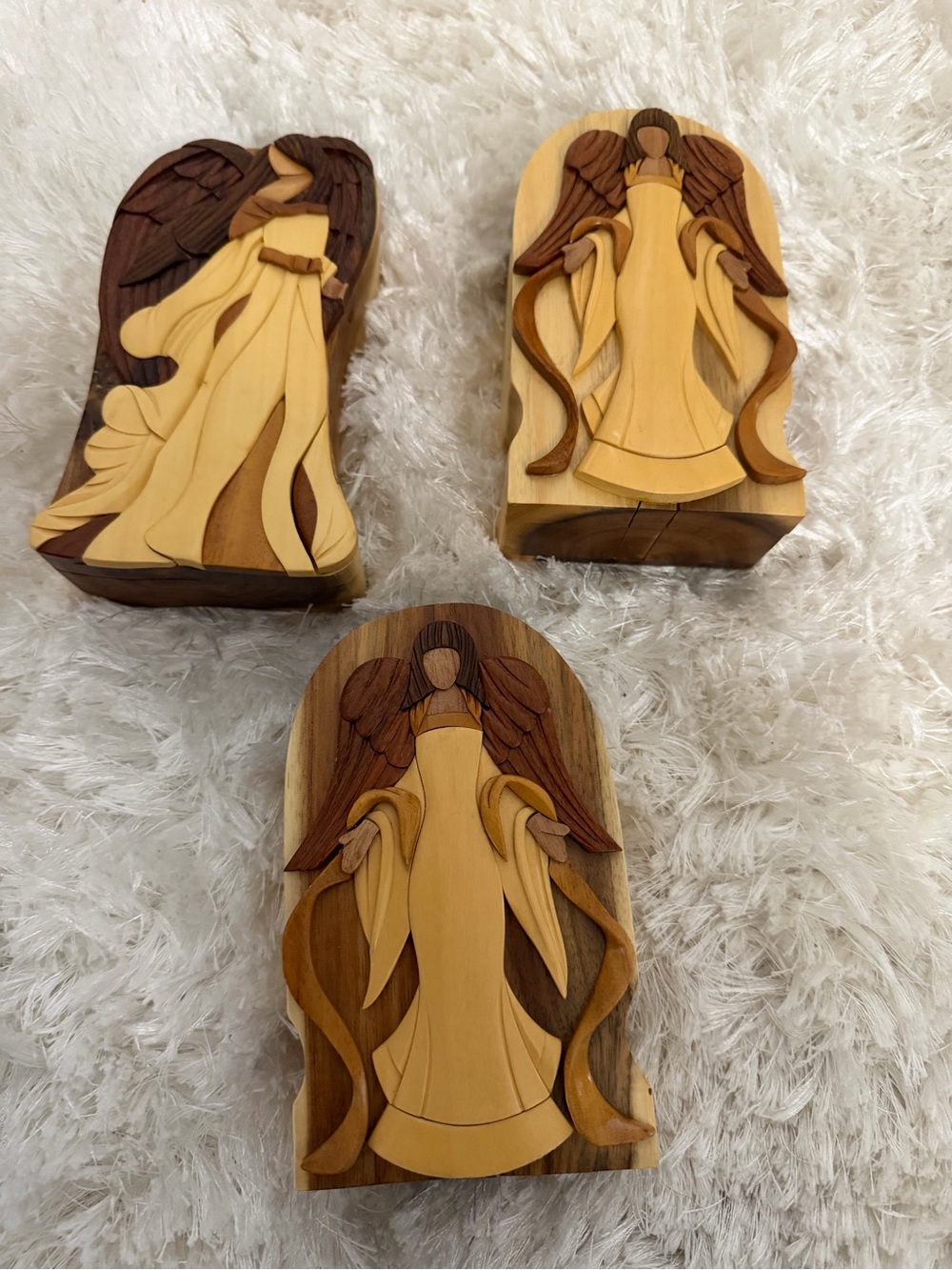 Handcrafted Wood Angel Wall Plaques - Natural Brown & Cream